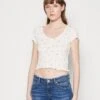 TOM TAILOR Denim Cropped Pointelle- T-Shirt Print - Off White