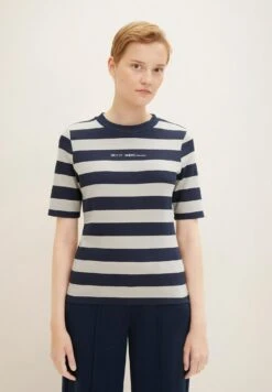 TOM TAILOR Denim Mit Textprint - T-Shirt Print - Navy Beige Block Stripe